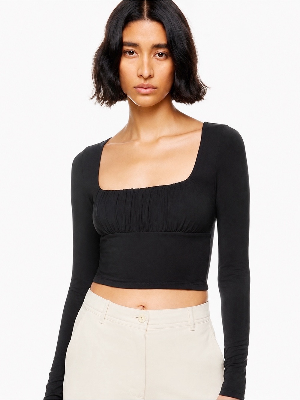 Wilfred Free Aritzia Woman Black Ruched Long Crop Sleeve Top XS Romantic Y2K 90s